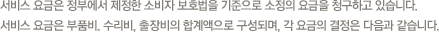 서비스 요금은 정부에서 재정한 소비자 보호법을 기준으로 소정의 요금을 청구하고 있습니다. 서비스 요금은 부품비, 수리비의 합계액으로 구성되며 각 요금의 결정은 다음과 같습니다.
